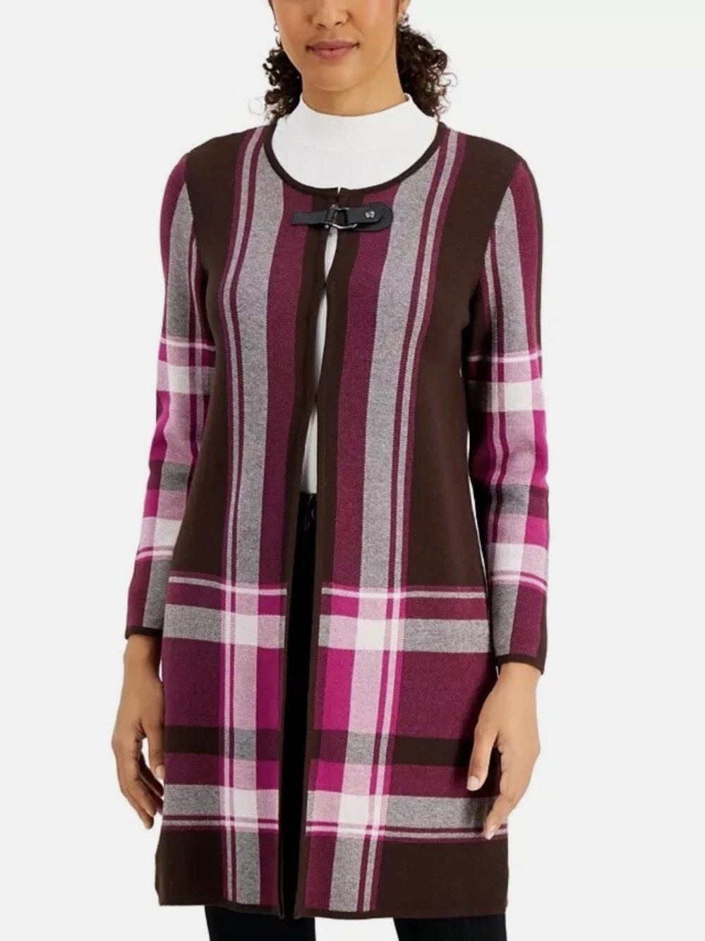 Kasper Plaid Long Cardigan Sweater Plum Brown Faux Leather Toggle M